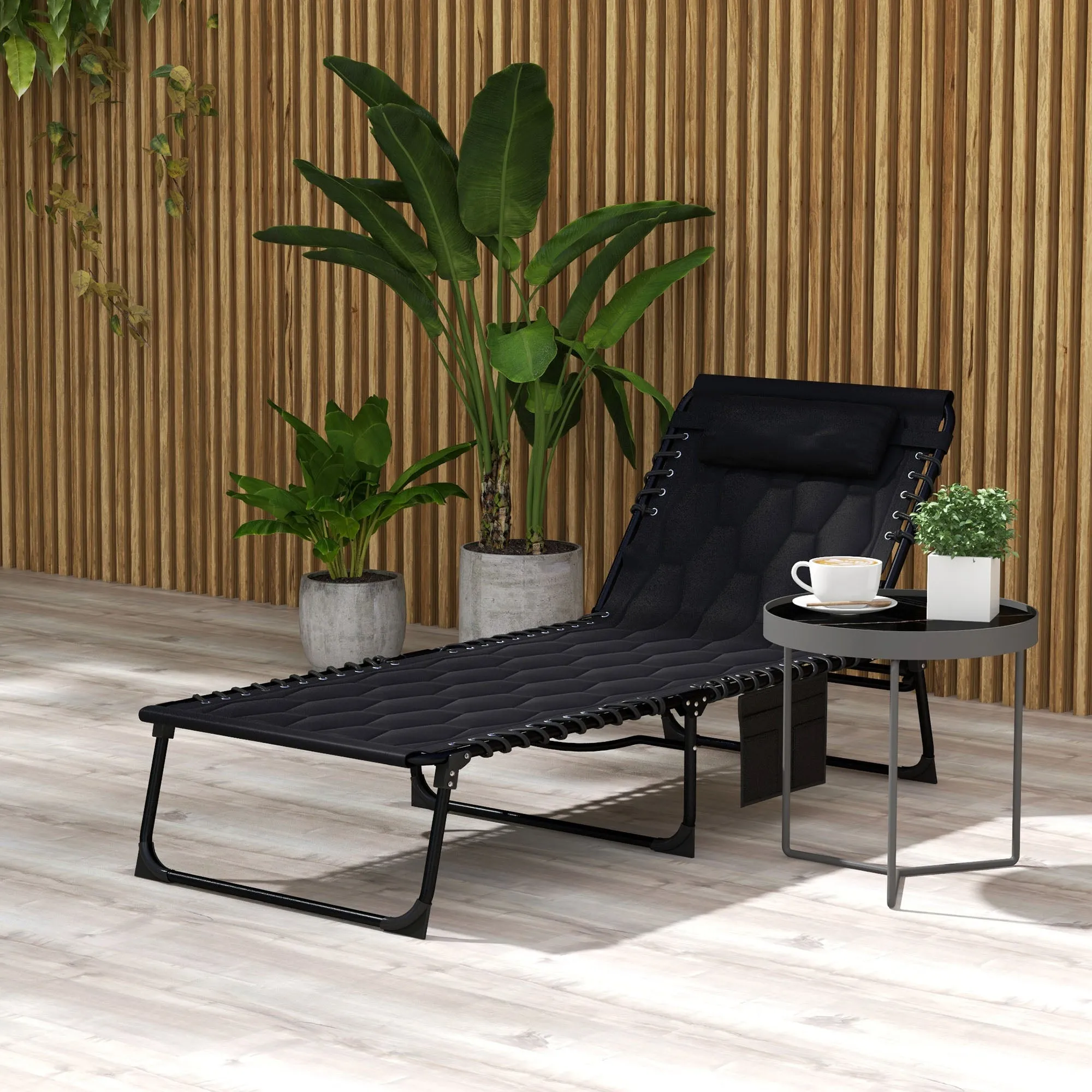 Folding Chaise Lounge Chair with 5-level Reclining Back, Black