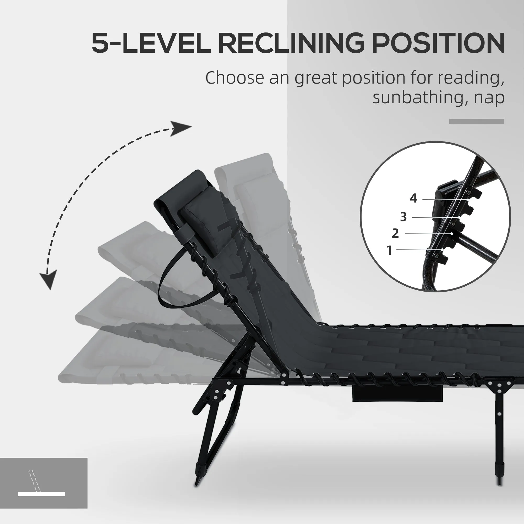 Folding Chaise Lounge Chair with 5-level Reclining Back, Black