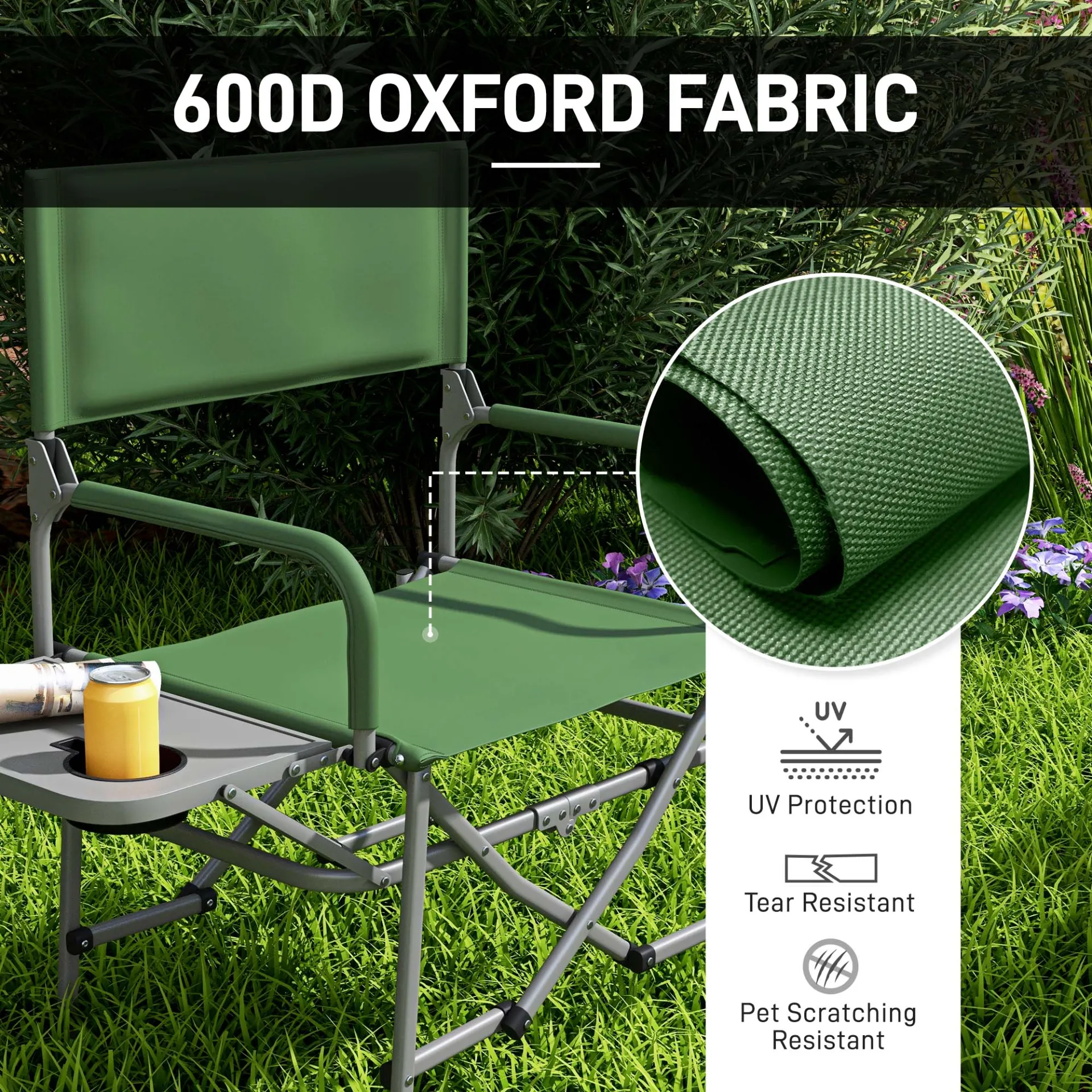Folding Director's Chair, Portable Camping Chair with Side Table, Durable Outdoor Seating, Green | Outsunny