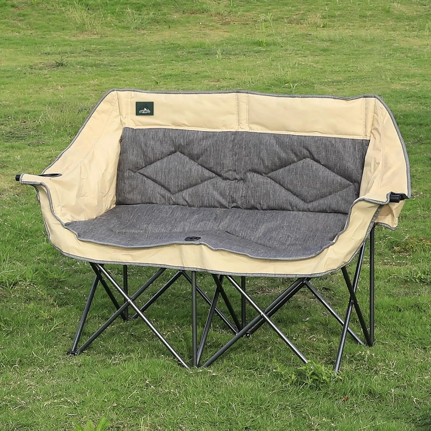Folding Loveseat Camping Chair Portable Double Duo Full Padded Garden Chair for 2 Person Sofa w/ 2 Cup Holder,Wine Glass Holder,Mesh Storage,Support 600lbs for Picnic Beach Travel (Beige)