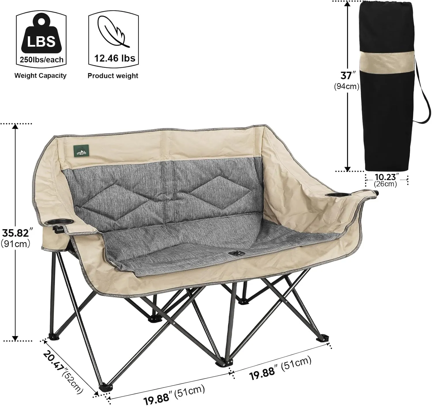 Folding Loveseat Camping Chair Portable Double Duo Full Padded Garden Chair for 2 Person Sofa w/ 2 Cup Holder,Wine Glass Holder,Mesh Storage,Support 600lbs for Picnic Beach Travel (Beige)