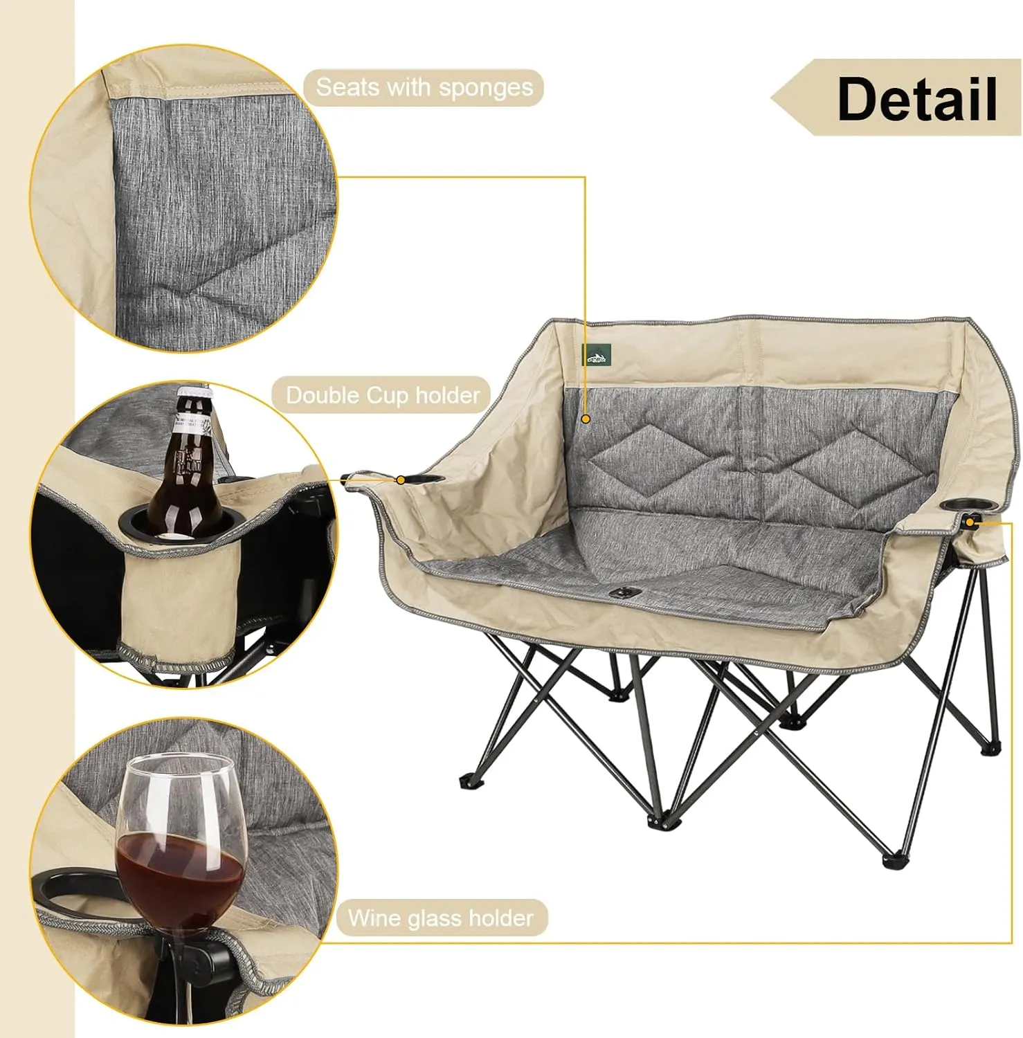 Folding Loveseat Camping Chair Portable Double Duo Full Padded Garden Chair for 2 Person Sofa w/ 2 Cup Holder,Wine Glass Holder,Mesh Storage,Support 600lbs for Picnic Beach Travel (Beige)