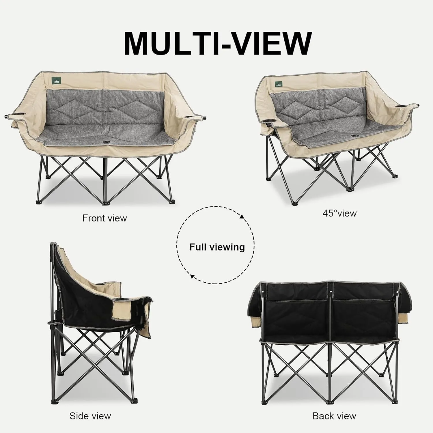 Folding Loveseat Camping Chair Portable Double Duo Full Padded Garden Chair for 2 Person Sofa w/ 2 Cup Holder,Wine Glass Holder,Mesh Storage,Support 600lbs for Picnic Beach Travel (Beige)