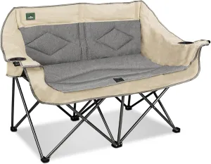 Folding Loveseat Camping Chair Portable Double Duo Full Padded Garden Chair for 2 Person Sofa w/ 2 Cup Holder,Wine Glass Holder,Mesh Storage,Support 600lbs for Picnic Beach Travel (Beige)