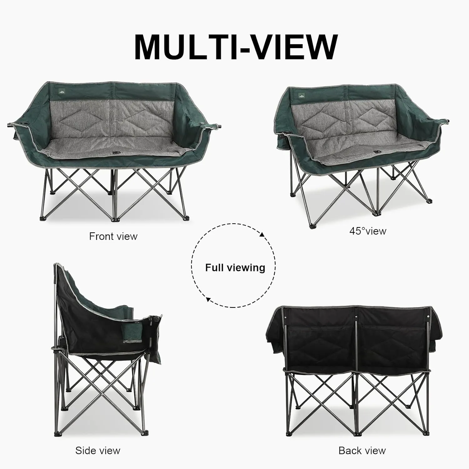 Folding Loveseat Camping Chair Portable Double Duo Full Padded Garden Chair for 2 Person Sofa w/ 2 Cup Holder,Wine Glass Holder,Mesh Storage,Support 600lbs for Picnic Beach Travel