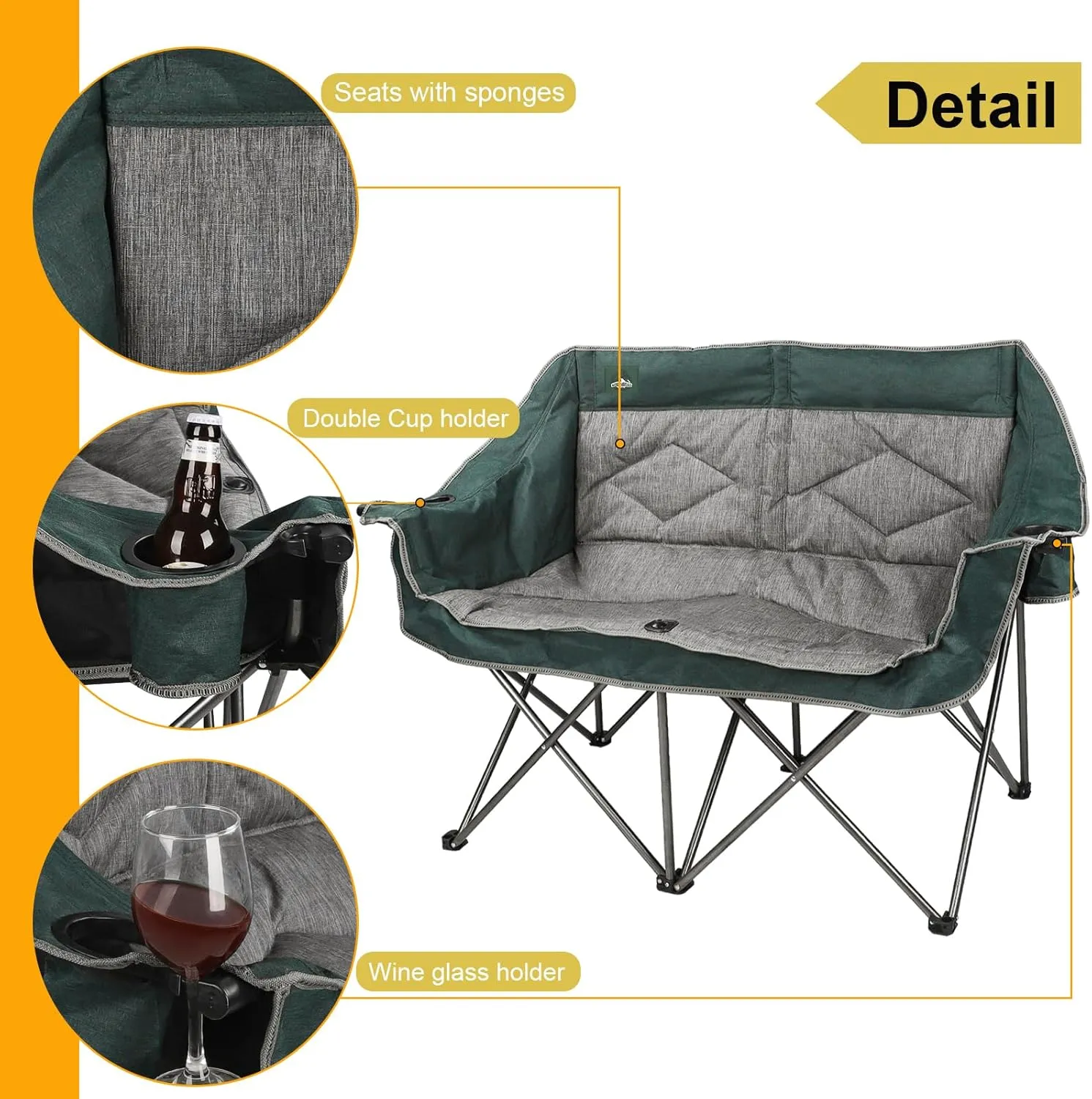 Folding Loveseat Camping Chair Portable Double Duo Full Padded Garden Chair for 2 Person Sofa w/ 2 Cup Holder,Wine Glass Holder,Mesh Storage,Support 600lbs for Picnic Beach Travel