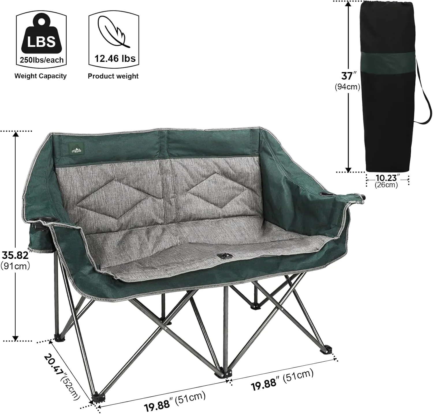 Folding Loveseat Camping Chair Portable Double Duo Full Padded Garden Chair for 2 Person Sofa w/ 2 Cup Holder,Wine Glass Holder,Mesh Storage,Support 600lbs for Picnic Beach Travel