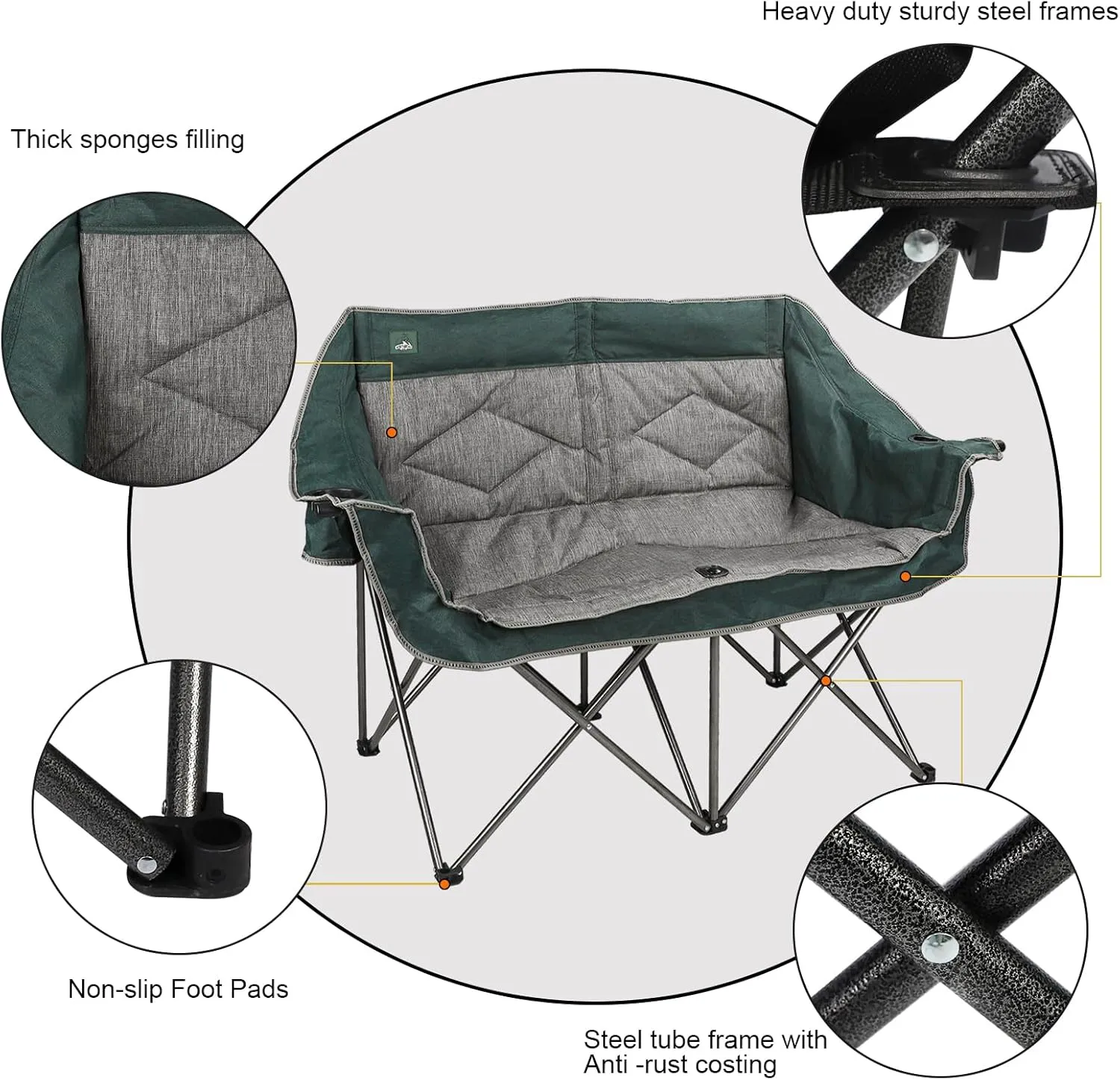 Folding Loveseat Camping Chair Portable Double Duo Full Padded Garden Chair for 2 Person Sofa w/ 2 Cup Holder,Wine Glass Holder,Mesh Storage,Support 600lbs for Picnic Beach Travel