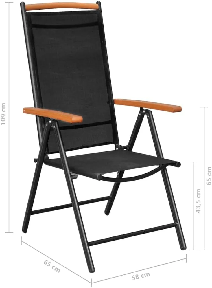 Folding Patio Chairs Set of 6 Outdoor Reclining Garden Chairs Black Textilene Lounge Chairs with Plywood Armrests for Patio, Beach, Camping, and Garden