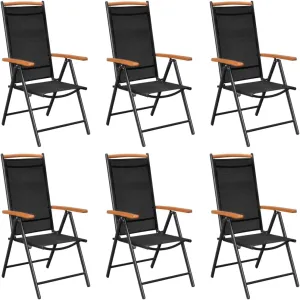 Folding Patio Chairs Set of 6 Outdoor Reclining Garden Chairs Black Textilene Lounge Chairs with Plywood Armrests for Patio, Beach, Camping, and Garden