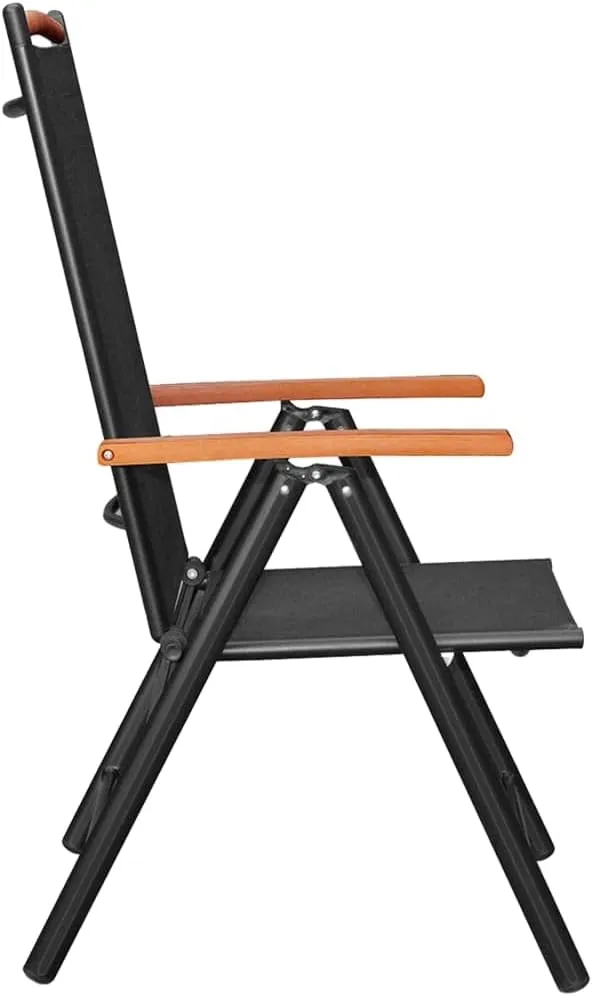Folding Patio Chairs Set of 6 Outdoor Reclining Garden Chairs Black Textilene Lounge Chairs with Plywood Armrests for Patio, Beach, Camping, and Garden
