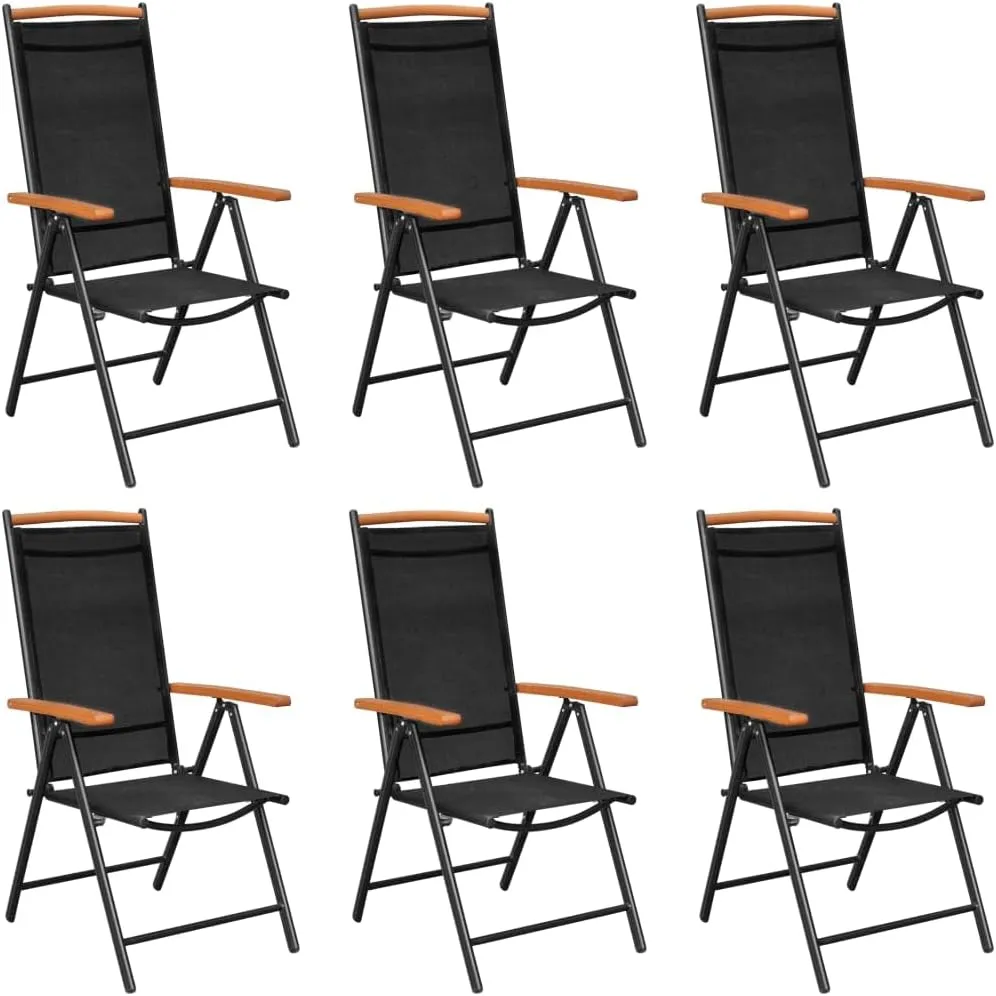 Folding Patio Chairs Set of 6 Outdoor Reclining Garden Chairs Black Textilene Lounge Chairs with Plywood Armrests for Patio, Beach, Camping, and Garden