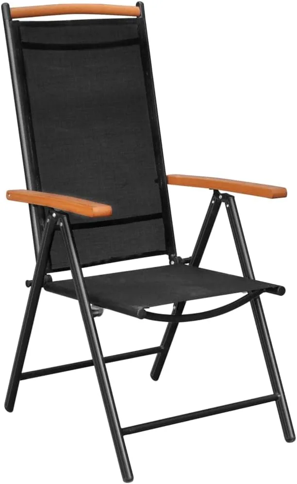 Folding Patio Chairs Set of 6 Outdoor Reclining Garden Chairs Black Textilene Lounge Chairs with Plywood Armrests for Patio, Beach, Camping, and Garden