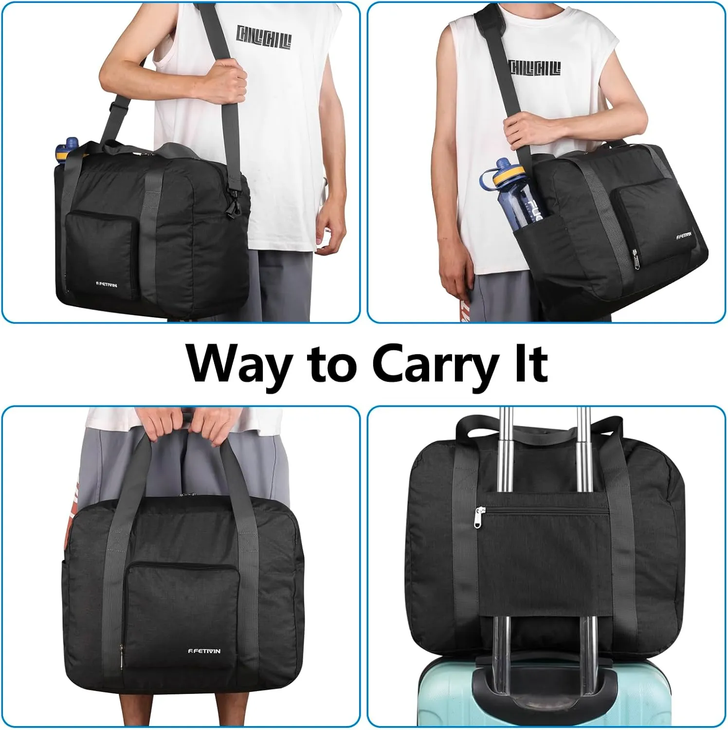 For Spirit Airlines Personal Item Bag 18x14x8 Foldable Travel Duffel Bag Underseat Carry-on Luggage for Women and men 30L(Black)