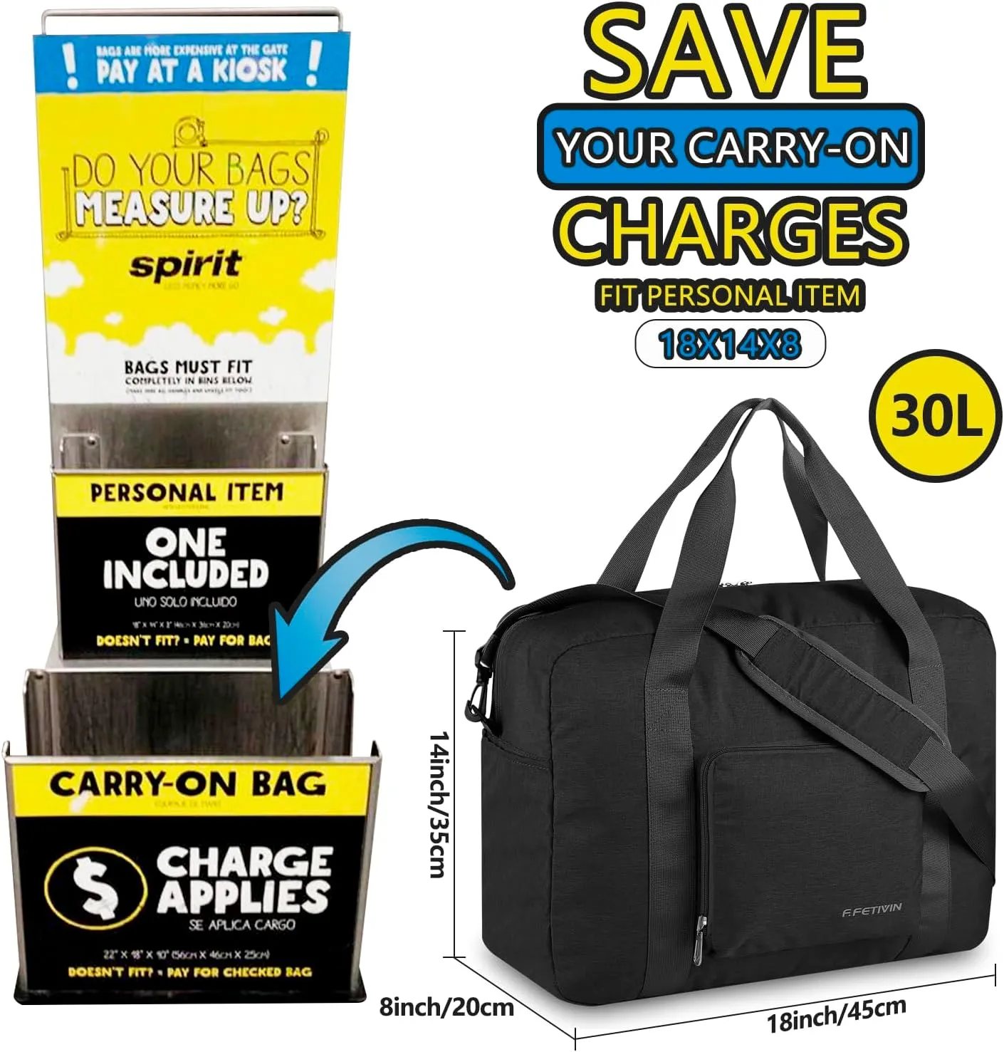 For Spirit Airlines Personal Item Bag 18x14x8 Foldable Travel Duffel Bag Underseat Carry-on Luggage for Women and men 30L(Black)
