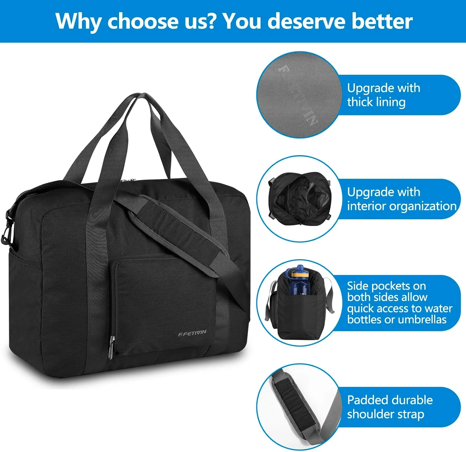 For Spirit Airlines Personal Item Bag 18x14x8 Foldable Travel Duffel Bag Underseat Carry-on Luggage for Women and men 30L(Black)