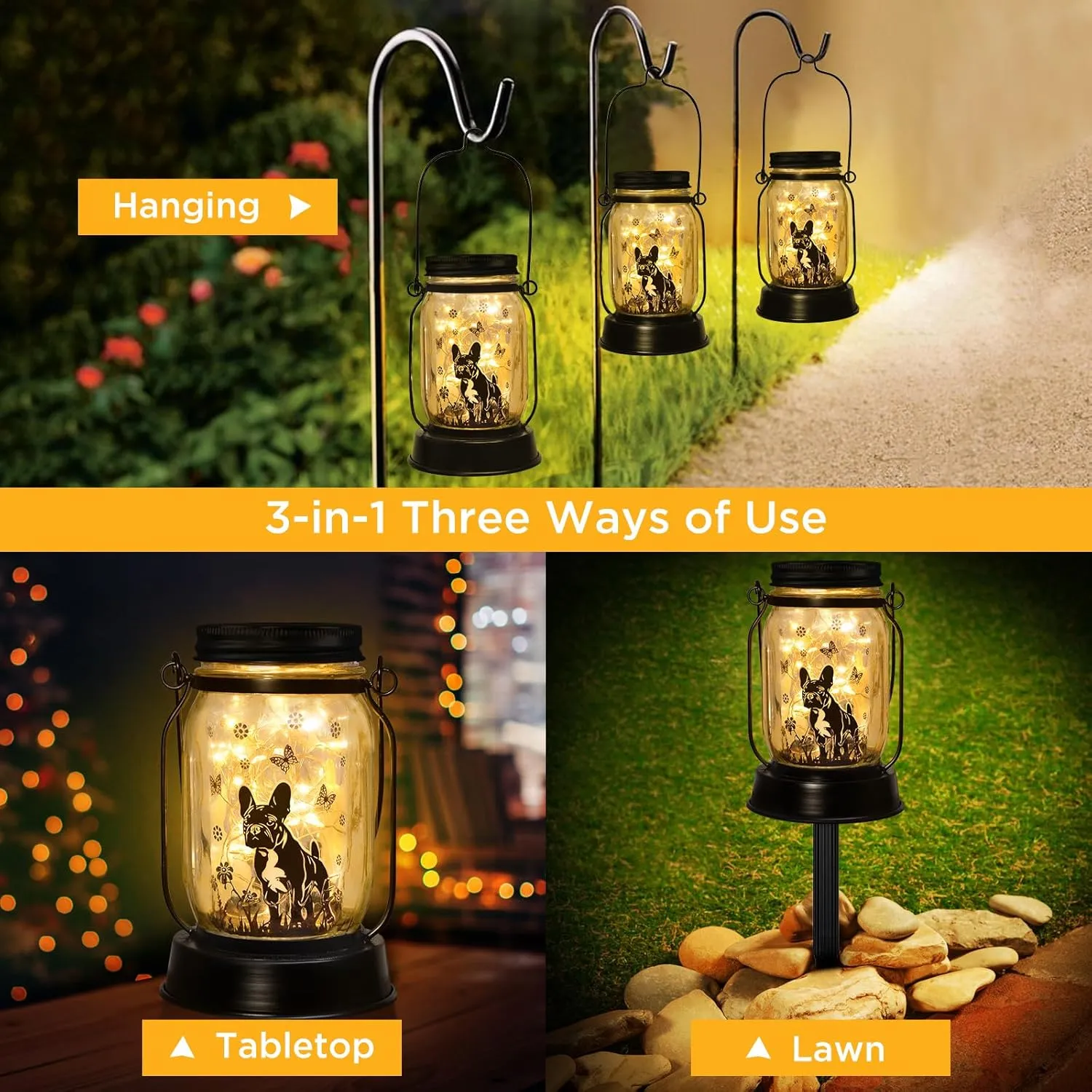 French Bulldog Gifts for Women/Men French Bulldog Solar Lanterns Dog Mom Birthday Dog Lovers Lantern Pet loss Pet Memorial Lights Solar Garden Decoration Outside for Yard, Patio,Backyard,Porch Torches