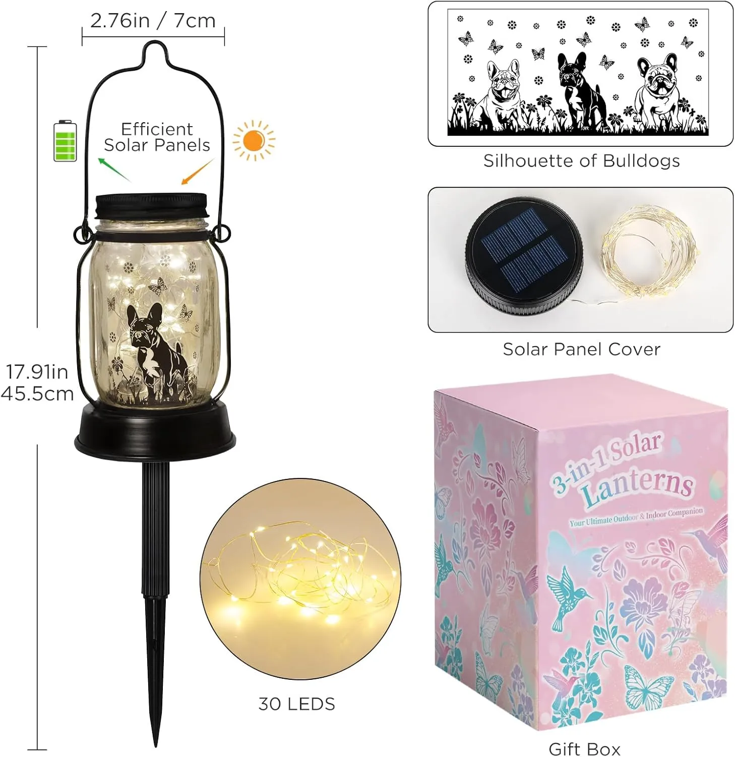 French Bulldog Gifts for Women/Men French Bulldog Solar Lanterns Dog Mom Birthday Dog Lovers Lantern Pet loss Pet Memorial Lights Solar Garden Decoration Outside for Yard, Patio,Backyard,Porch Torches