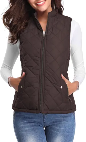 Fuinloth Women's Quilted Vest, Stand Collar Lightweight Zip Padded Gilet