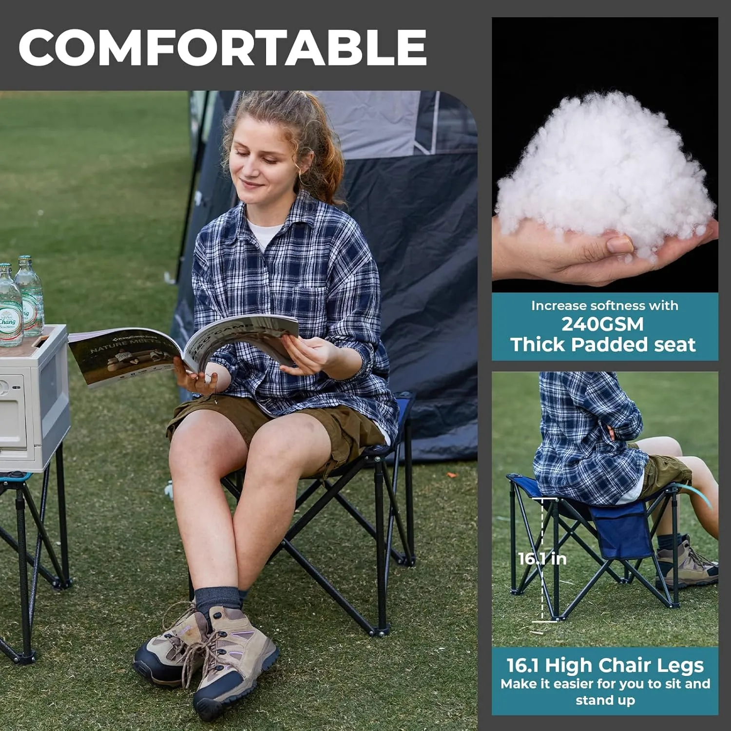 FUNDANGO Folding Camping Stool, 18.1 Inch Oversized Foot Rest 400 Lbs Heavy Duty Portable Padded Stools Seat Anti-Slip Foots & Carry Strap for Fishing Outdoor Lawn Travel (Blue)
