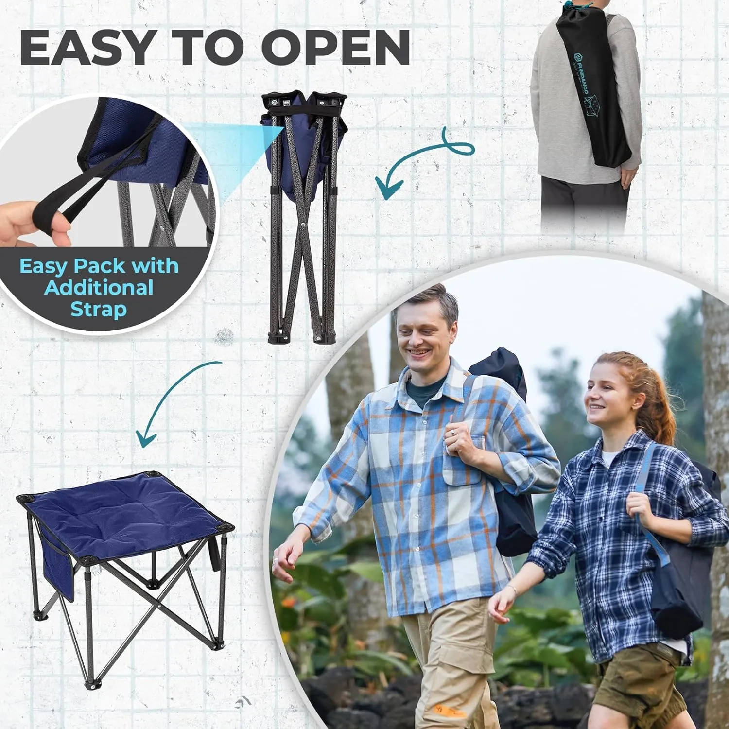 FUNDANGO Folding Camping Stool, 18.1 Inch Oversized Foot Rest 400 Lbs Heavy Duty Portable Padded Stools Seat Anti-Slip Foots & Carry Strap for Fishing Outdoor Lawn Travel (Blue)