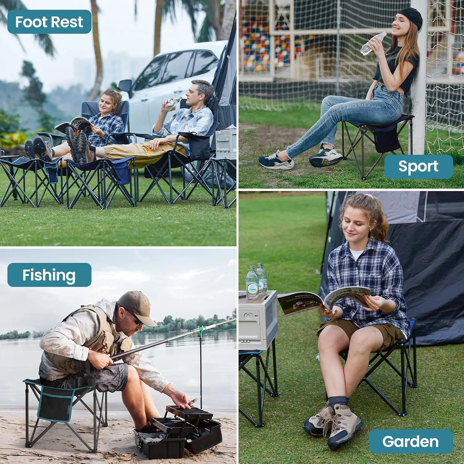 FUNDANGO Folding Camping Stool, 18.1 Inch Oversized Foot Rest 400 Lbs Heavy Duty Portable Padded Stools Seat Anti-Slip Foots & Carry Strap for Fishing Outdoor Lawn Travel (Blue)