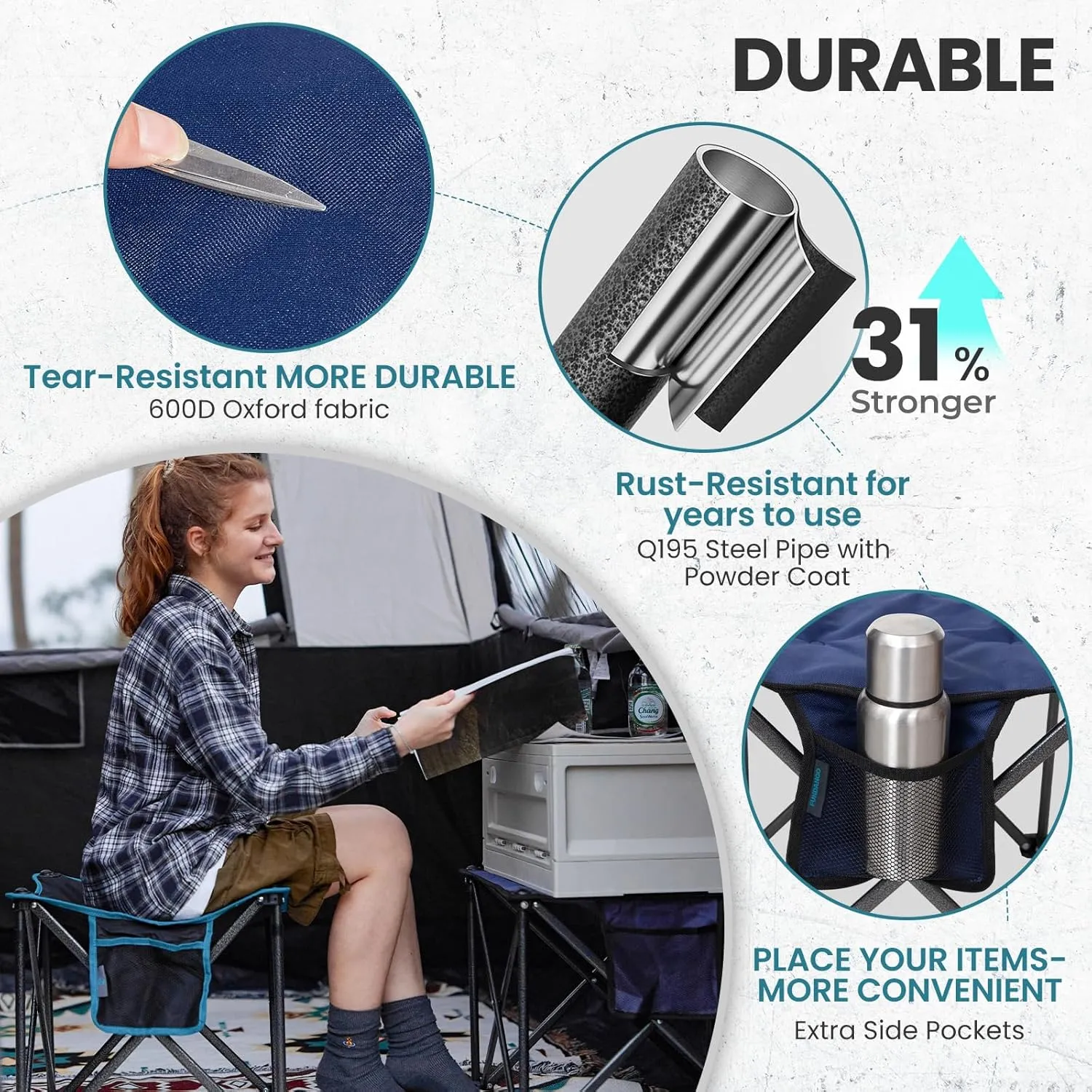 FUNDANGO Folding Camping Stool, 18.1 Inch Oversized Foot Rest 400 Lbs Heavy Duty Portable Padded Stools Seat Anti-Slip Foots & Carry Strap for Fishing Outdoor Lawn Travel (Blue)