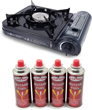 Gas One 10,000 BTU Portable Butane Gas Stove with 4 Pack Fuel and Carrying Case - Midnight