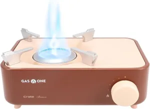 Gas One Butane Fuel Camp Stove – Crate Series - Mini Stove for Camping, Hiking – Portable Gas Stove with Spiral Flame – Even Heat Distribution – Modern and Easy to Use (Brown)
