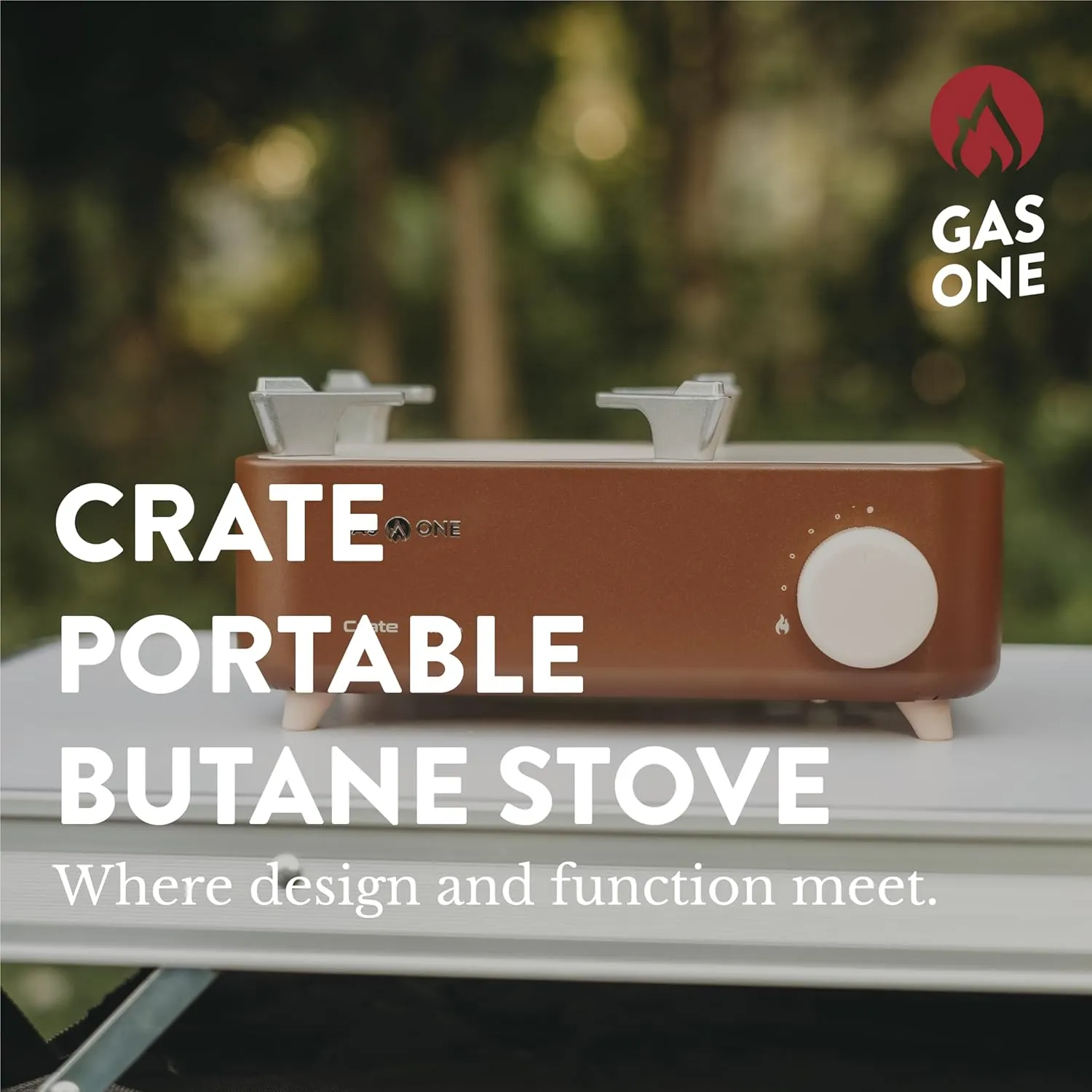 Gas One Butane Fuel Camp Stove – Crate Series - Mini Stove for Camping, Hiking – Portable Gas Stove with Spiral Flame – Even Heat Distribution – Modern and Easy to Use (Brown)