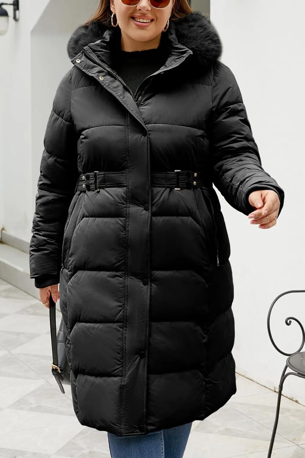 Geschallino Women's Puffer Coat Plus Size Winter Jacket Warm Hooded Thicken Long Padded Bubble Outerwear (1X-5X)