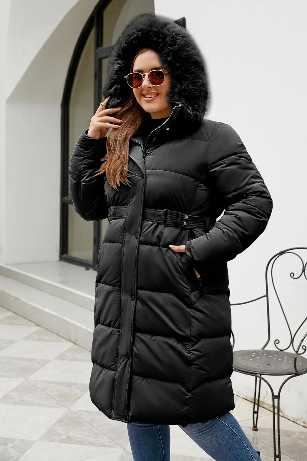 Geschallino Women's Puffer Coat Plus Size Winter Jacket Warm Hooded Thicken Long Padded Bubble Outerwear (1X-5X)