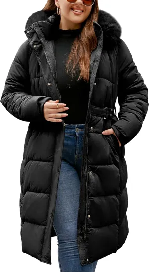 Geschallino Women's Puffer Coat Plus Size Winter Jacket Warm Hooded Thicken Long Padded Bubble Outerwear (1X-5X)