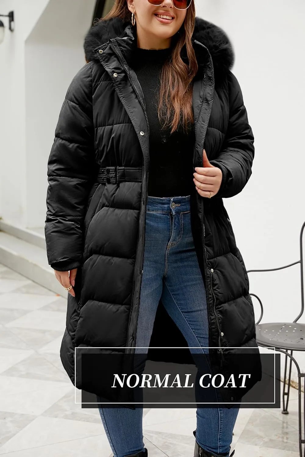 Geschallino Women's Puffer Coat Plus Size Winter Jacket Warm Hooded Thicken Long Padded Bubble Outerwear (1X-5X)