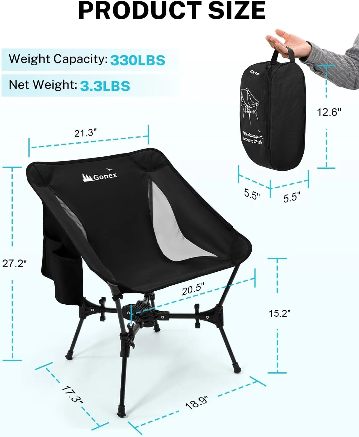 Gonex Portable Camping Chair, The 5th Gen Ultralight Compact Backpacking Foldable Lightweight Folding Chair for Outdoor Camp Hiking Beach Picnic Concert, Supports 330lbs (Black,2PCS)