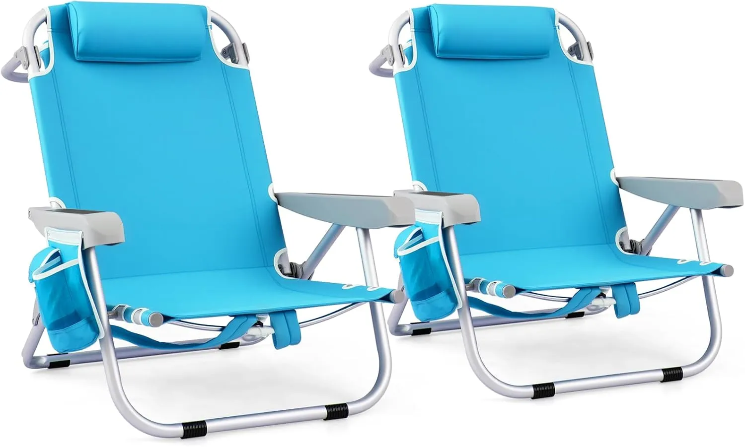 Goplus Beach Chair, 2 Pack 330lbs Folding Backpack Chairs for Adults with 5 Positions, Storage Pockets, Towel Bar & Headrest, Foldable Low Beach Lounge, Portable Aluminum Lay Flat Camping Chair