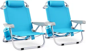 Goplus Beach Chair, 2 Pack 330lbs Folding Backpack Chairs for Adults with 5 Positions, Storage Pockets, Towel Bar & Headrest, Foldable Low Beach Lounge, Portable Aluminum Lay Flat Camping Chair