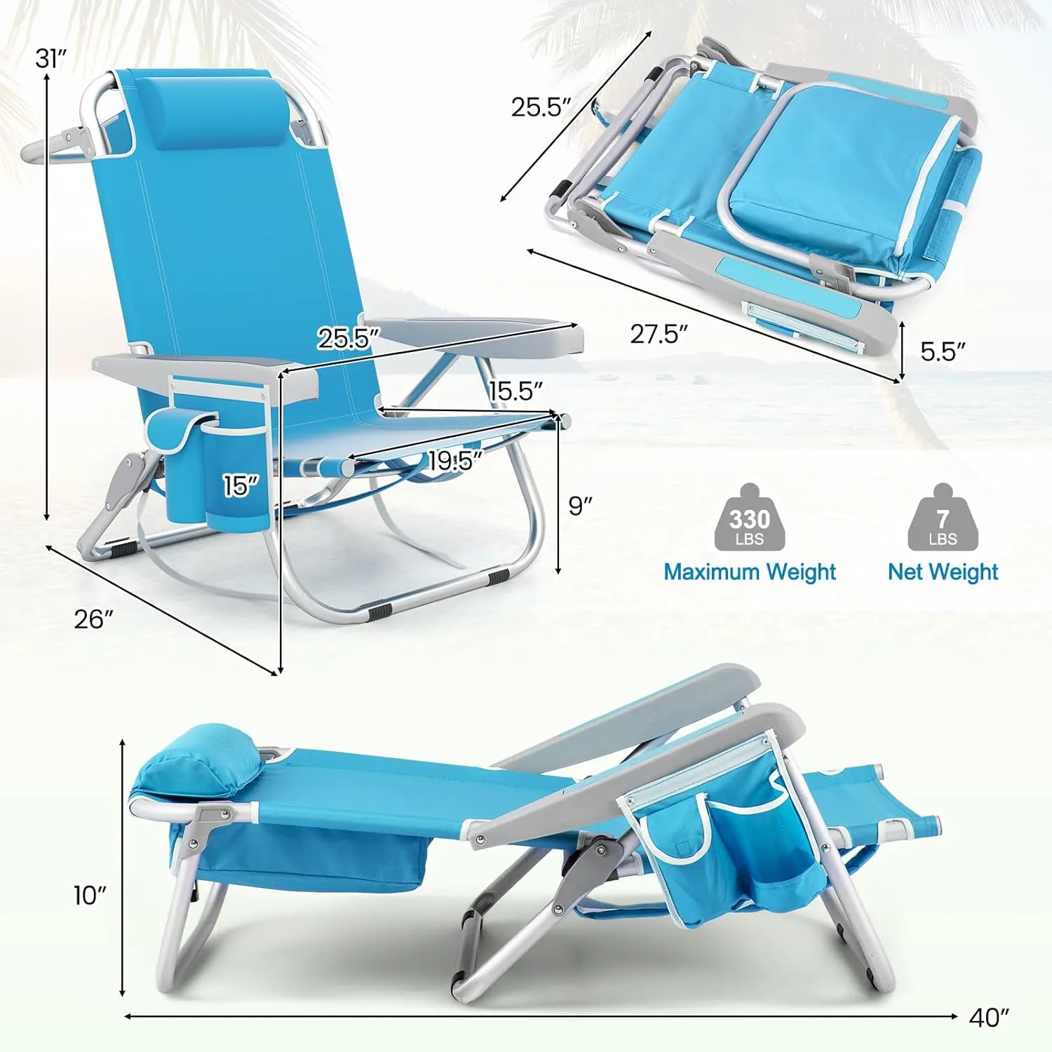 Goplus Beach Chair, 2 Pack 330lbs Folding Backpack Chairs for Adults with 5 Positions, Storage Pockets, Towel Bar & Headrest, Foldable Low Beach Lounge, Portable Aluminum Lay Flat Camping Chair