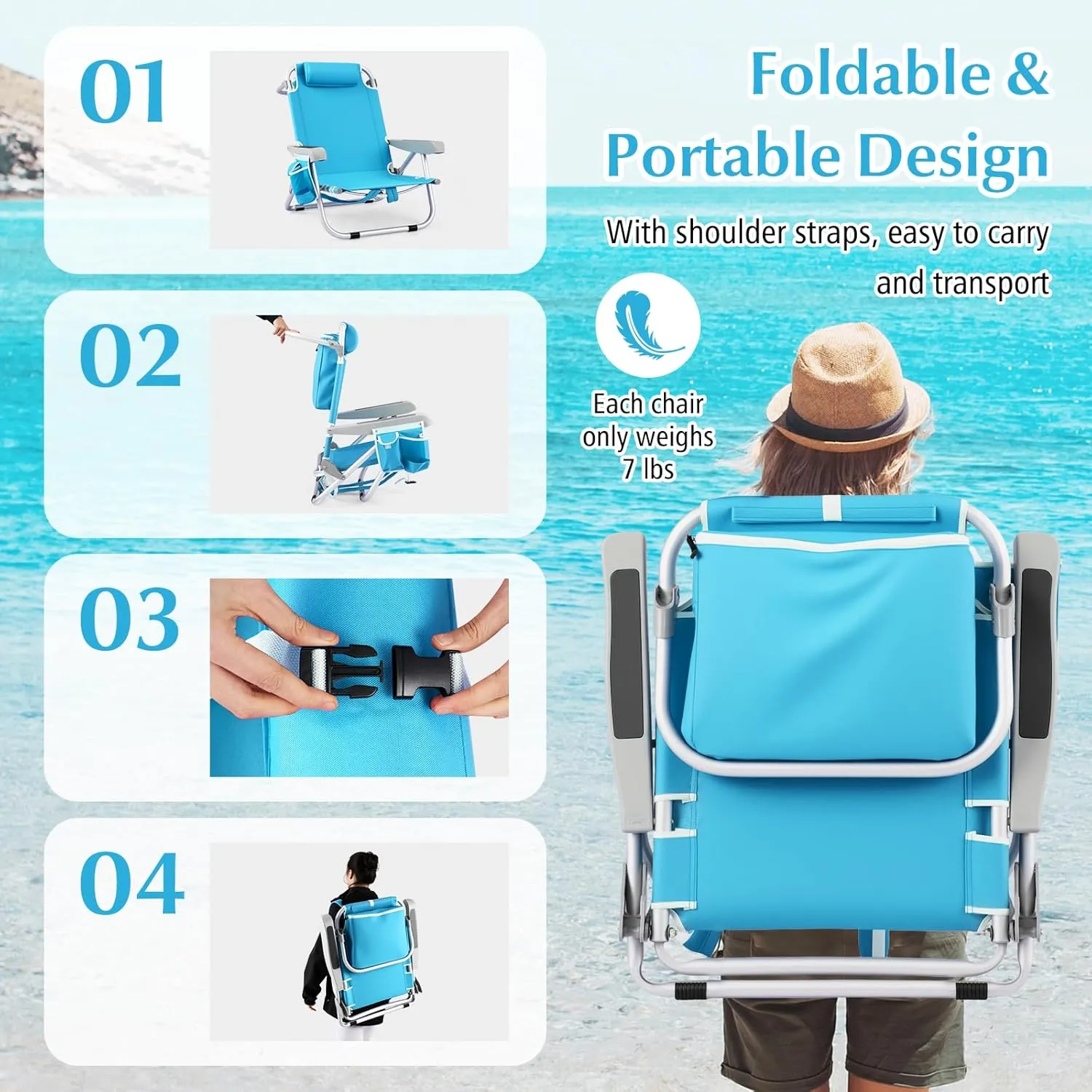 Goplus Beach Chair, 2 Pack 330lbs Folding Backpack Chairs for Adults with 5 Positions, Storage Pockets, Towel Bar & Headrest, Foldable Low Beach Lounge, Portable Aluminum Lay Flat Camping Chair