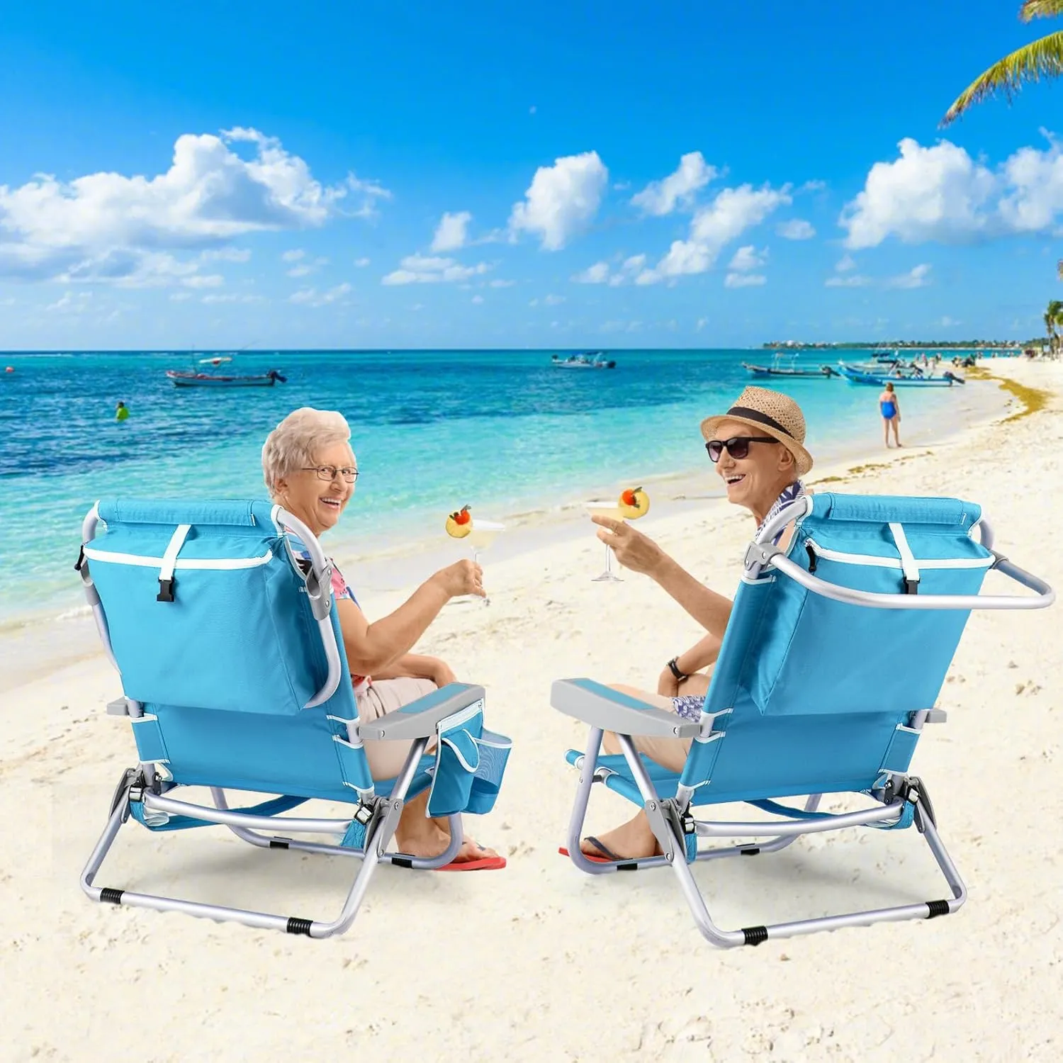 Goplus Beach Chair, 2 Pack 330lbs Folding Backpack Chairs for Adults with 5 Positions, Storage Pockets, Towel Bar & Headrest, Foldable Low Beach Lounge, Portable Aluminum Lay Flat Camping Chair
