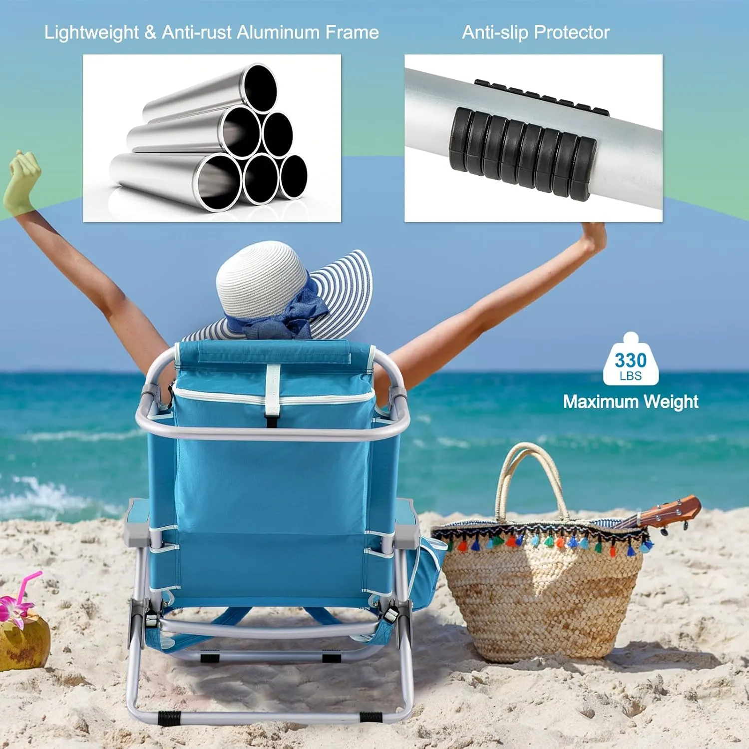Goplus Beach Chair, 2 Pack 330lbs Folding Backpack Chairs for Adults with 5 Positions, Storage Pockets, Towel Bar & Headrest, Foldable Low Beach Lounge, Portable Aluminum Lay Flat Camping Chair