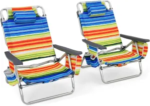 Goplus Beach Chair, Folding Backpack Beach Chairs for Adults with 5 Positions, Head Pillow, Cooler Bag, Towel Bar, Cup Holders, Sunbath Sling Tanning Lounge, Foldable Layout Camping Chairs
