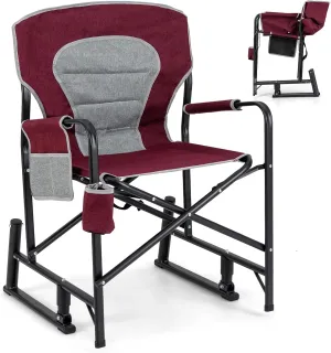 Goplus Outdoor Rocker Camping Chairs for Adults, Portable Folding Chair w/Dual Springs, Padded Back, Cup Holder, Storage Pocket, Heavy-Duty Rocking Arm Chair for Beach Lawn Travel Fishing(1,Wine)