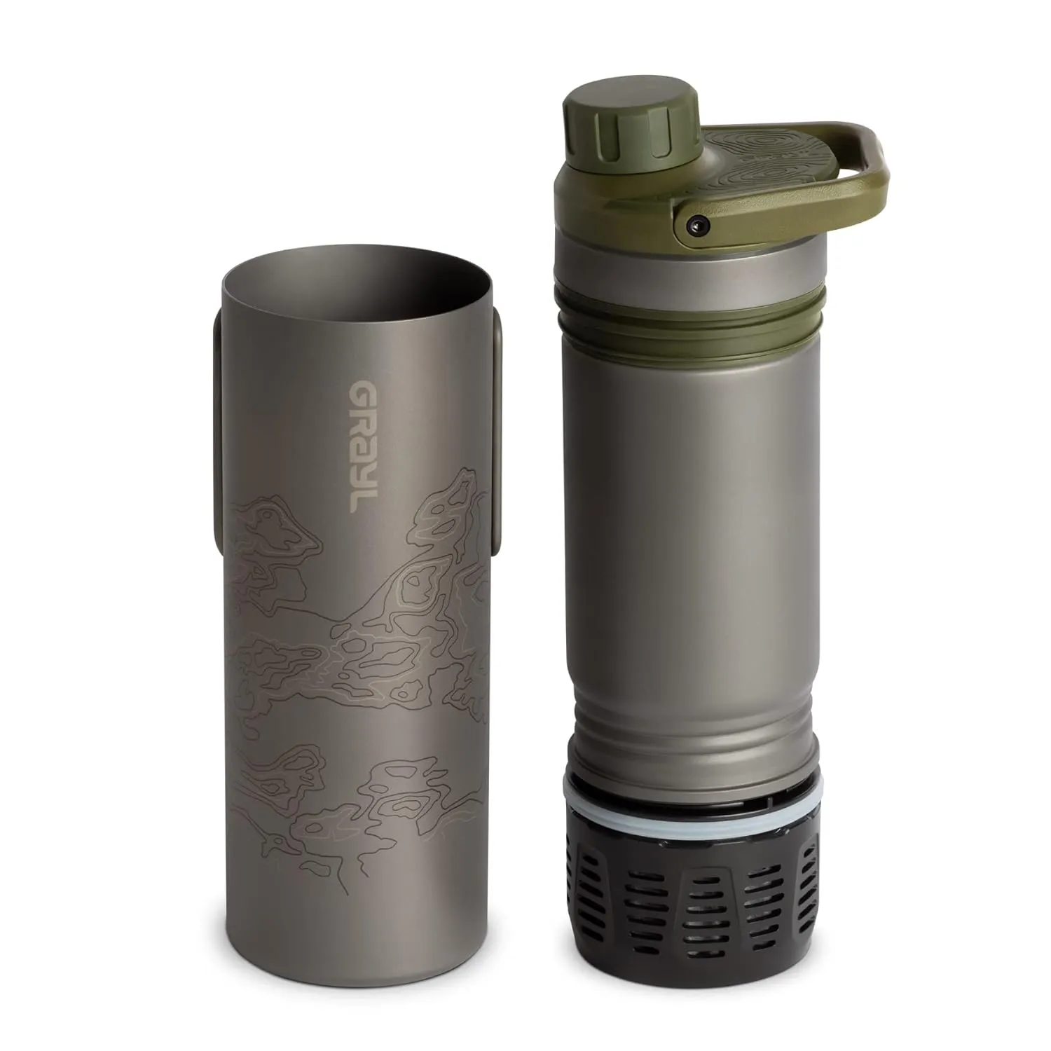 GRAYL UltraPress Titanium 16.9 oz Water Purifier & Filter Bottle for Hiking, Backpacking, Survival, Bushcraft, Travel (Olive Drab)
