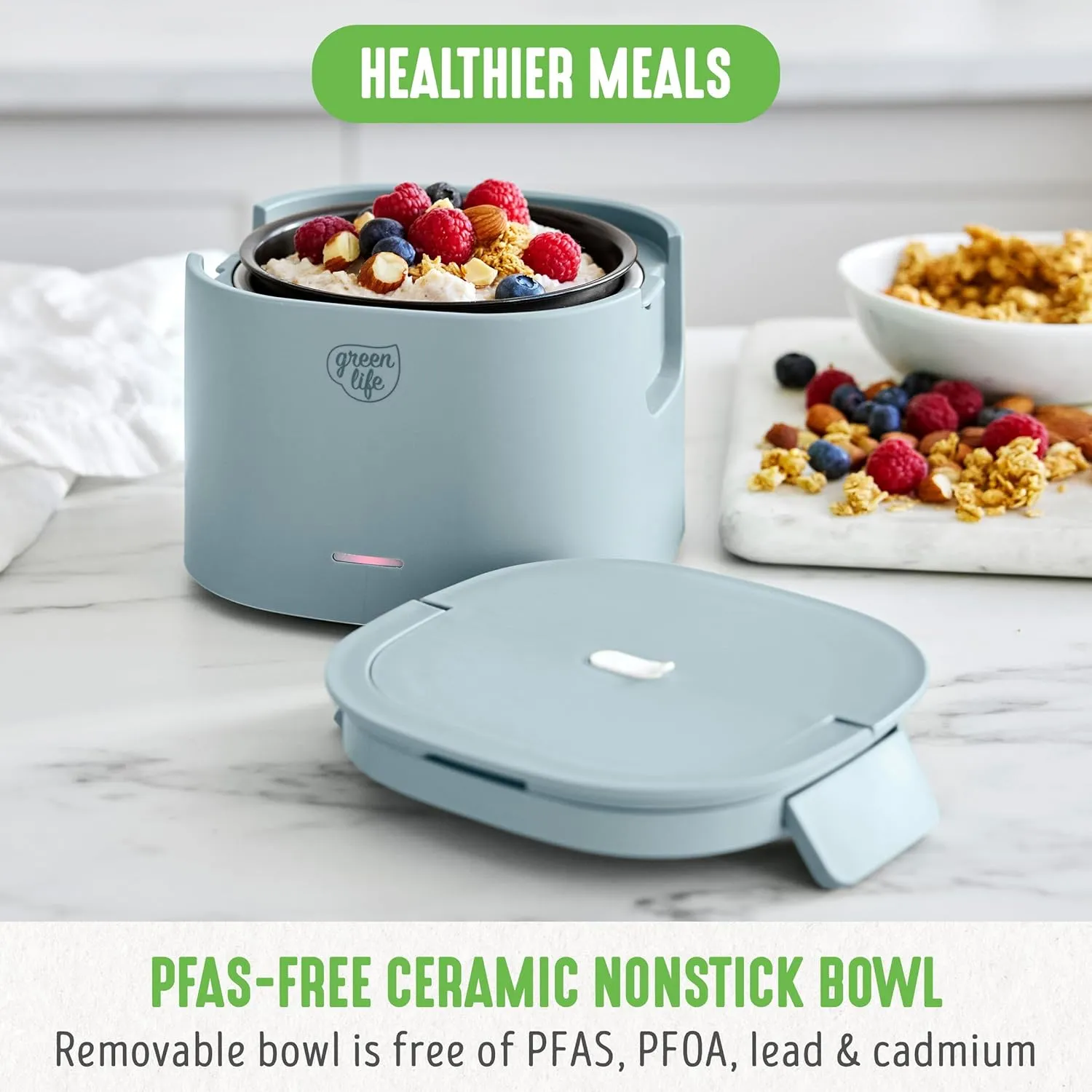 GreenLife 20oz Electric Lunch Box Food & Soup Warmer, PFAS & PFOA-Free Ceramic Nonstick Interior, Portable for Travel & Office, Spill-Proof Lid, Removable Bowl, Dishwasher Safe, Blue Haze