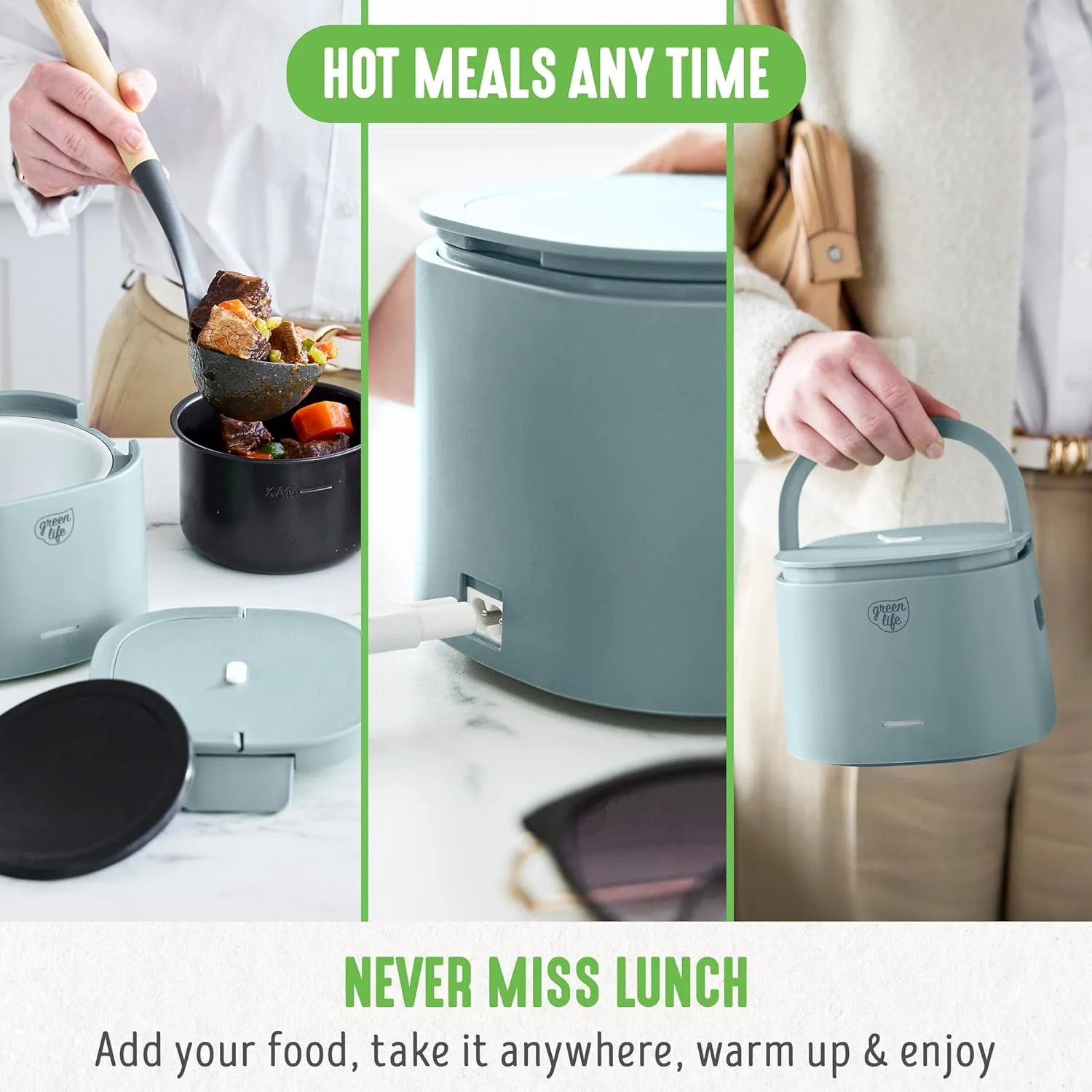 GreenLife 20oz Electric Lunch Box Food & Soup Warmer, PFAS & PFOA-Free Ceramic Nonstick Interior, Portable for Travel & Office, Spill-Proof Lid, Removable Bowl, Dishwasher Safe, Blue Haze