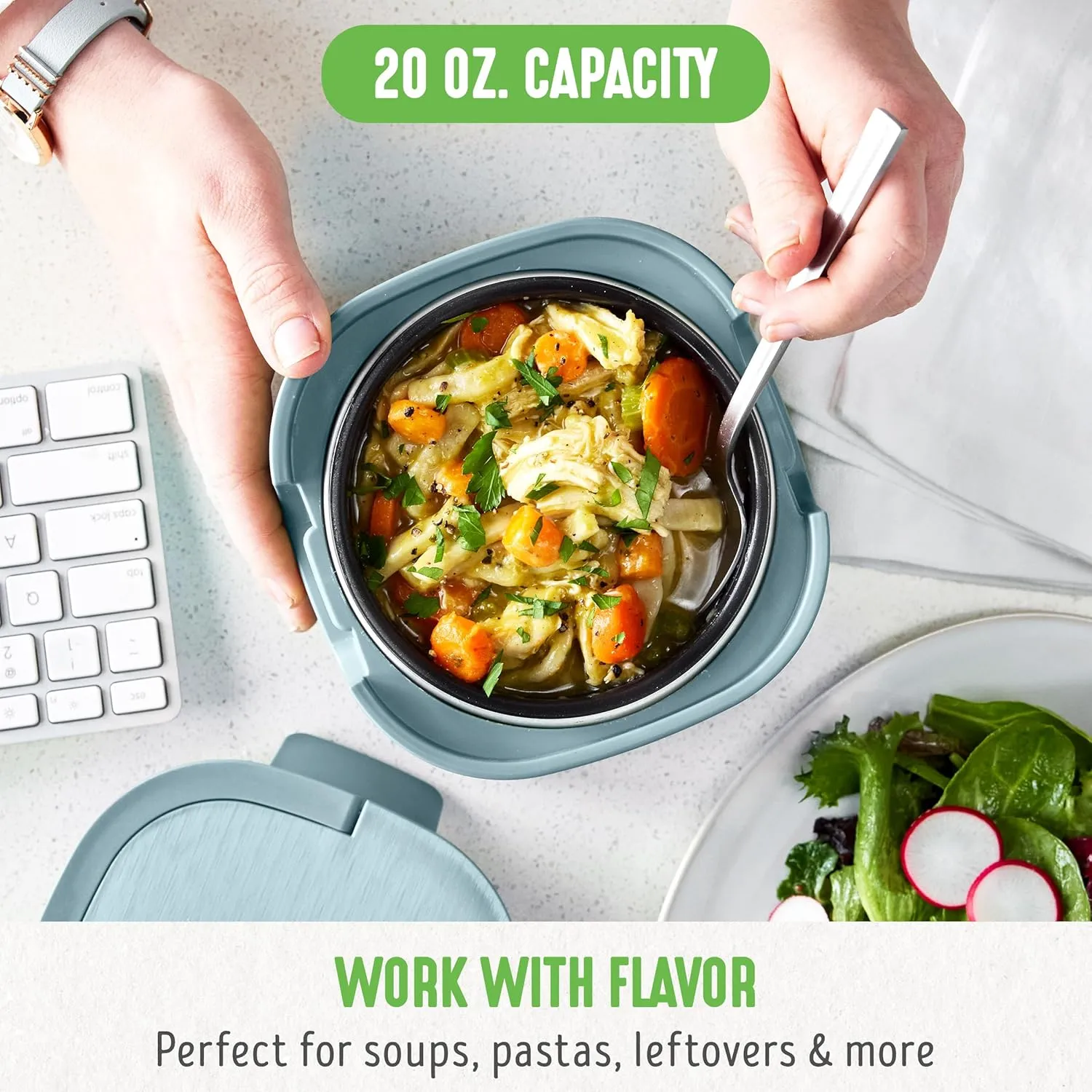 GreenLife 20oz Electric Lunch Box Food & Soup Warmer, PFAS & PFOA-Free Ceramic Nonstick Interior, Portable for Travel & Office, Spill-Proof Lid, Removable Bowl, Dishwasher Safe, Blue Haze