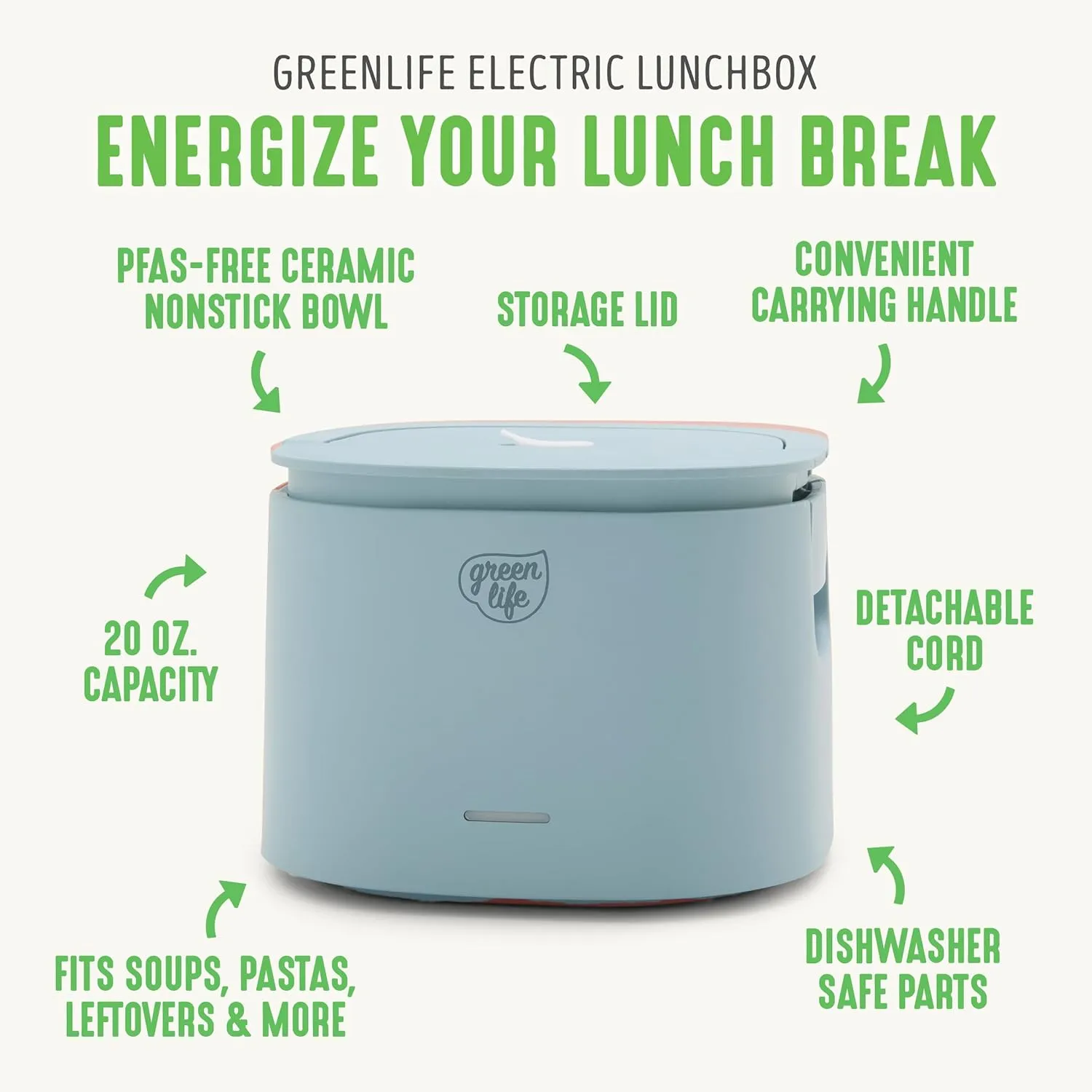 GreenLife 20oz Electric Lunch Box Food & Soup Warmer, PFAS & PFOA-Free Ceramic Nonstick Interior, Portable for Travel & Office, Spill-Proof Lid, Removable Bowl, Dishwasher Safe, Blue Haze