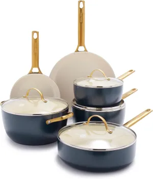 GreenPan Reserve Hard Anodized Healthy Ceramic Nonstick 10 Piece Cookware Pots and Pans Set, Gold-Tone Stainless Steel Handles, PFAS & PFOA-Free, Dishwasher Safe, Oven & Broiler Safe, Twilight Blue