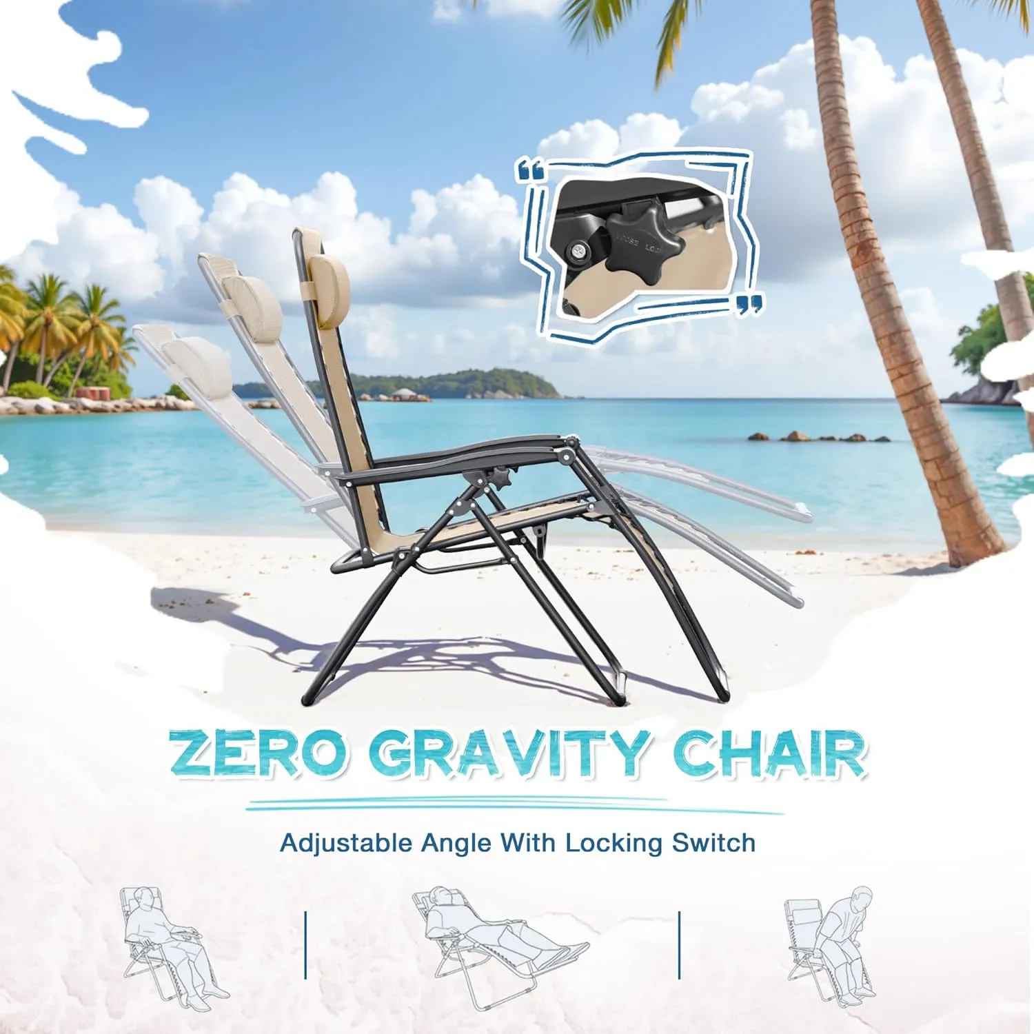 Greesum Zero Gravity Chairs Set of 2 Adjustable Steel Mesh Recliners Beach Deck Lawn Camping Patio Foldable Lounge Chair with Cup Holder Trays and Pillows,Cream-Coloured